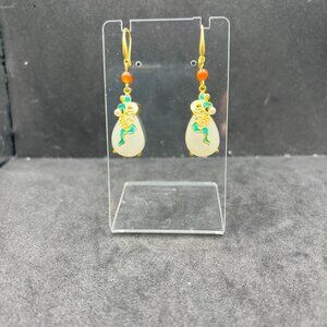 Asian Style White Jade Dangle Earrings